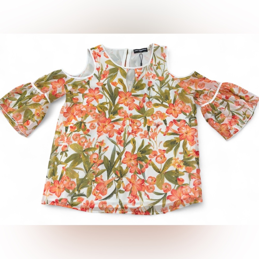 Karl Lagerfeld Paris Women's Cold Shoulder Floral Ruffle Shirt Size Small NWT